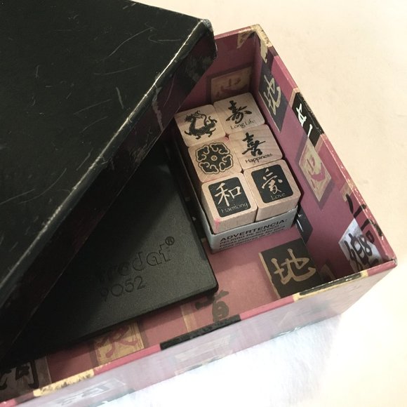 Vintage 90s Wooden Chinese Rubber Stamps + Inkpad + Box - Picture 1 of 15